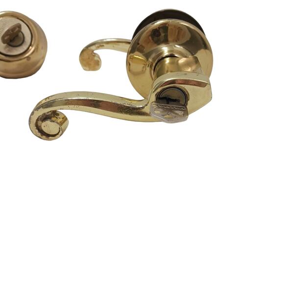 80s Brass French FRONT DOOR KNOB & DEADBOLT Fixtures w 2 Keys Gold Retro Handle - Picture 6 of 16